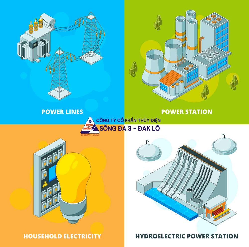 Energy Power Stations. Electrical Symbols Generator High Voltage Transmission Vector Isometric Concept Pictures